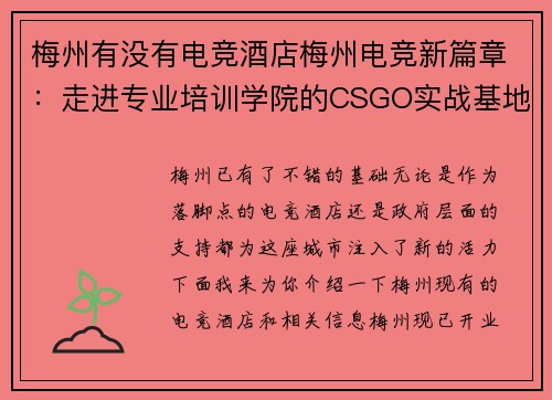 梅州有没有电竞酒店梅州电竞新篇章：走进专业培训学院的CSGO实战基地 
